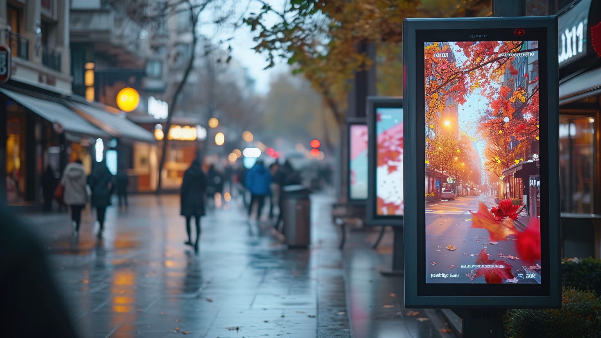 Herbstliche Straße in einer Innenstadt mit bunten Blättern und digital Signage Displays
