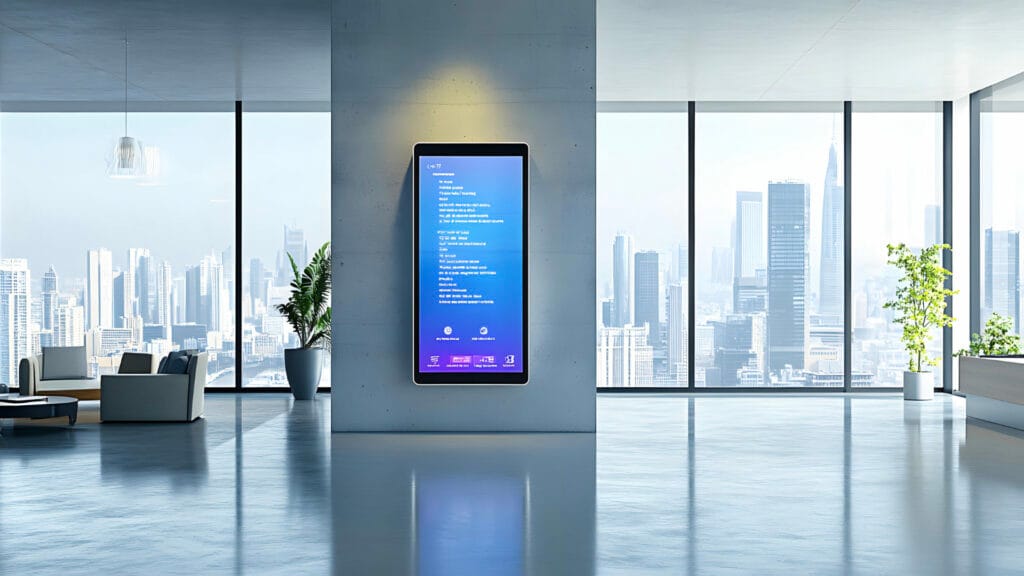 Moderne Büroumgebung mit Stadtansicht und übersichtlich dargestellten Wegeleitinformationen auf einem Digital Signage Display