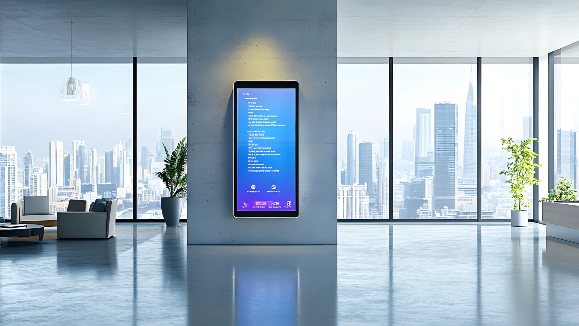 Moderne Büroumgebung mit Stadtansicht und übersichtlich dargestellten Wegeleitinformationen auf einem Digital Signage Display
