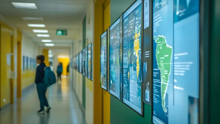 Start 51 Moderner Flur einer Universität mit variablen Informationen auf Digital Signage Displays