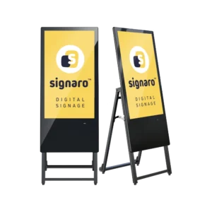 Start 38 Indoor Digital Signage Kundenstopper in Front- und Seitenansicht.