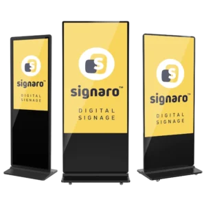 Verschiedene Indoor Digital Signage Stelen mit Signaro Logo in verschiedenen Größen.