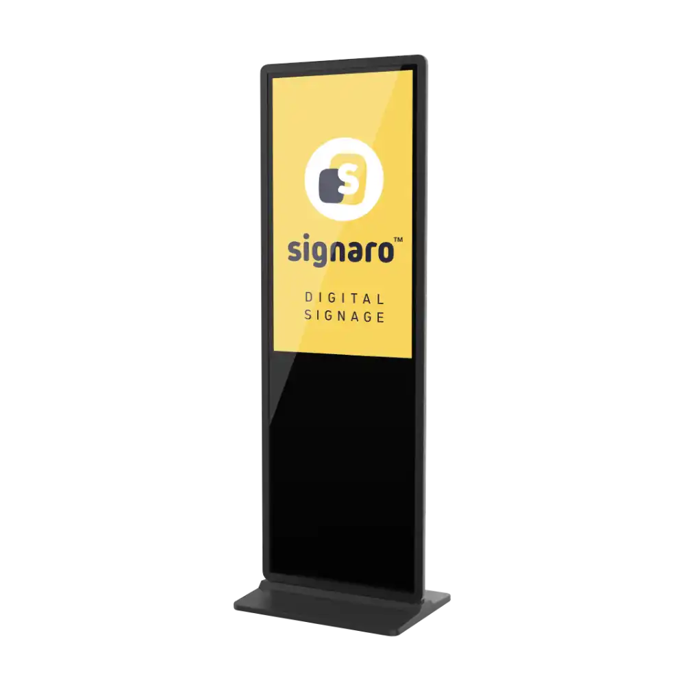 Kleine Indoor Digital Signage Stele mit Signaro Logo.
