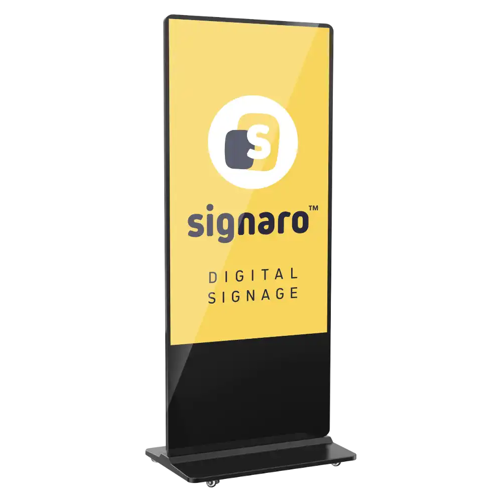 Indoor Digital Signage Stele mit Signaro Logo leicht schräg gezeigt.