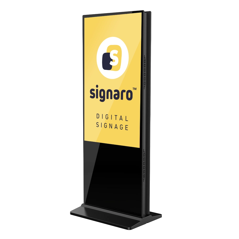 Doppelte Digital Signage Stele mit Signaro Logo.