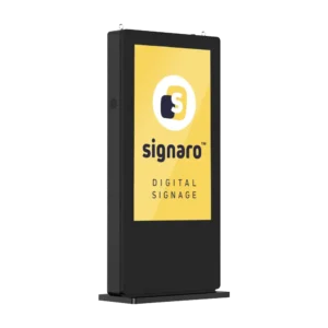 Start 35 Signaro Digital Signage Outdoor Stele in Schwarz mit Signaro Logo.
