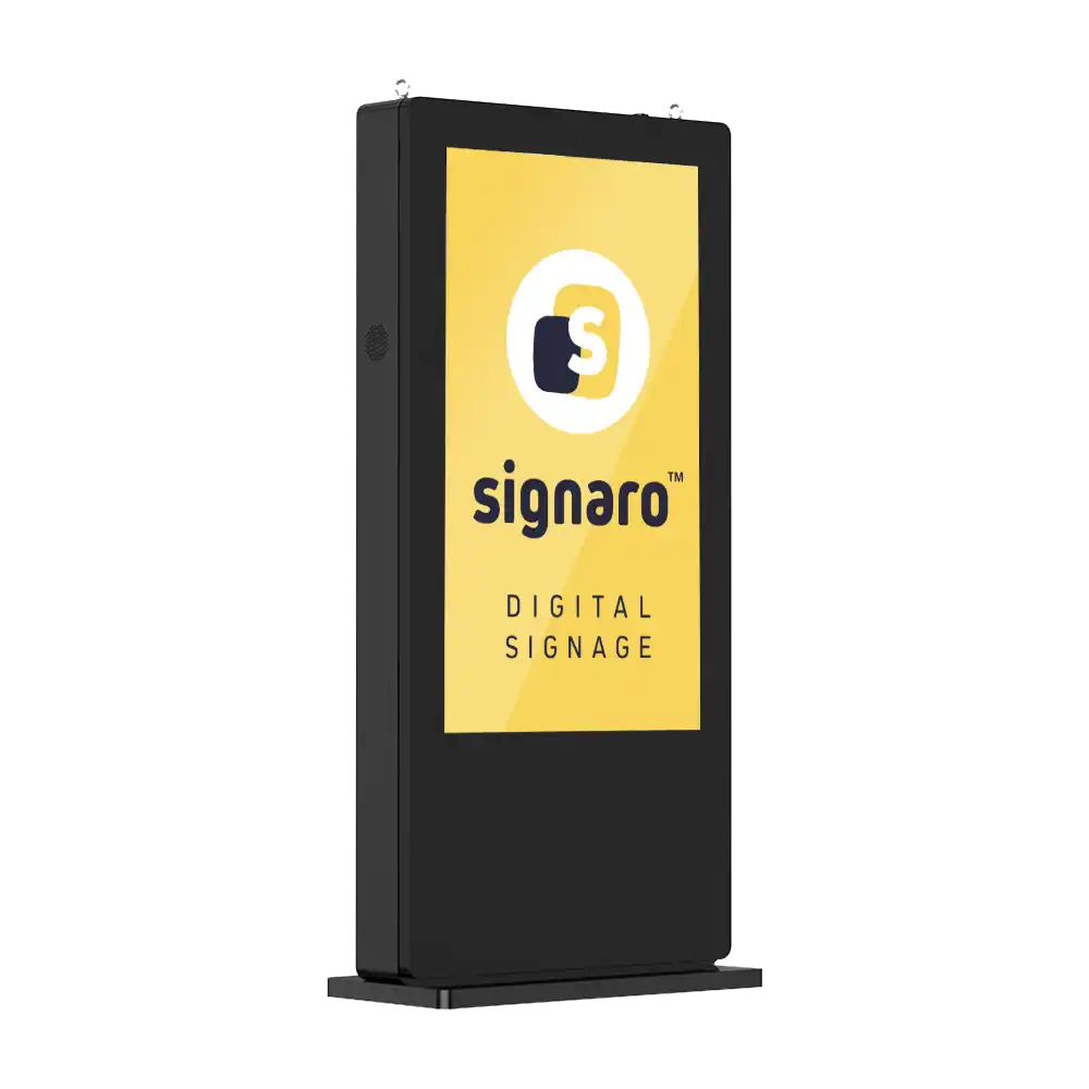 Signaro Digital Signage Outdoor Stele in Schwarz mit Signaro Logo.