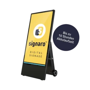 Start 37 Mobiler Semi-Outdoor Digital Signage Monitor mit Akku und Signaro Logo.