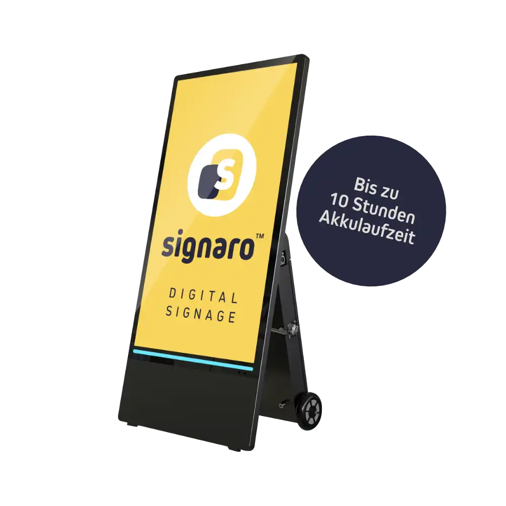 Mobiler Semi-Outdoor Digital Signage Monitor mit Akku und Signaro Logo.