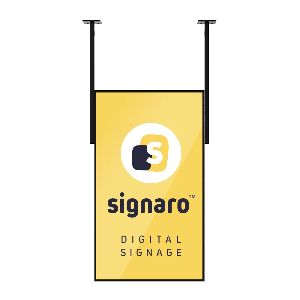 Hochhelles Digital Signage Schaufensterdisplay mit Deckenabhängung.