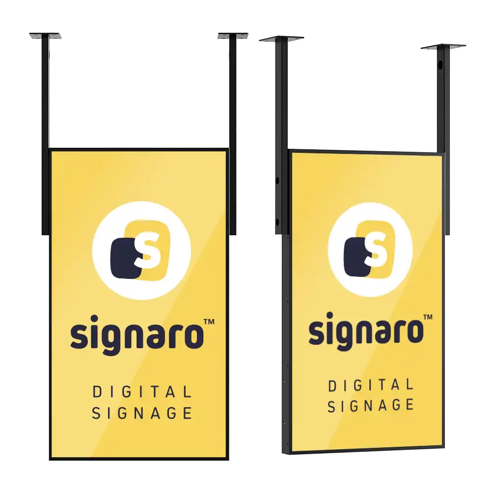 Hochheller Digital Signage Monitor mit Deckenabhängung von Signaro.